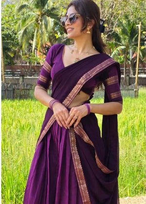 Purple Kanjivaram silk half saree lehenga with gold zari temple border