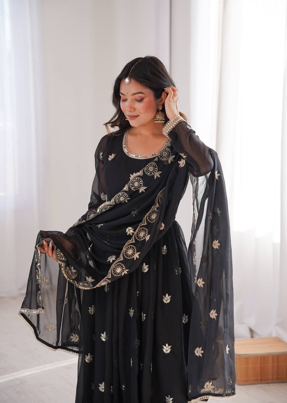 Jet Black Georgette Anarkali Suit with Sequence Embroidered Work