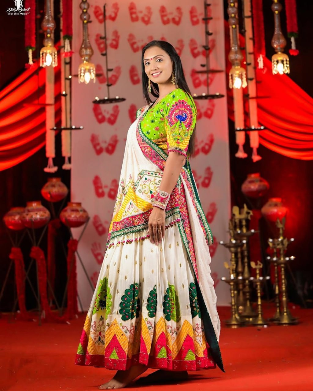 Green Muslin Cotton Real Mirror Work Navratri Lehenga Choli
