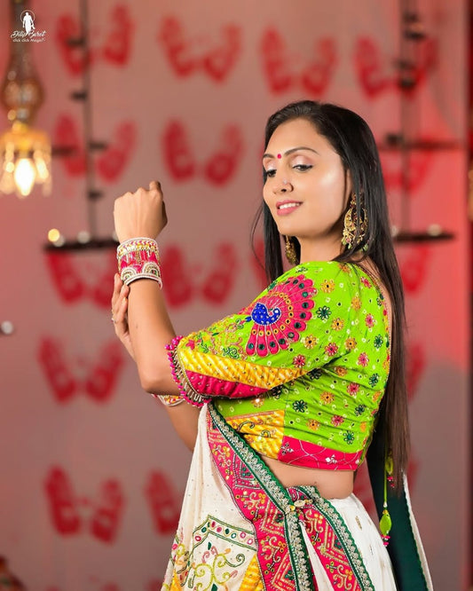 Green Muslin Cotton Real Mirror Work Navratri Lehenga Choli