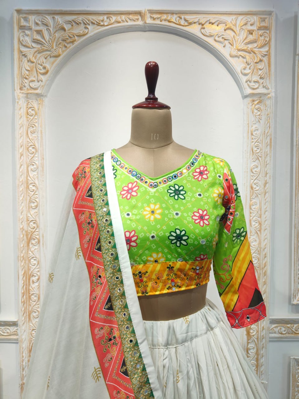 Green Muslin Cotton Real Mirror Work Navratri Lehenga Choli