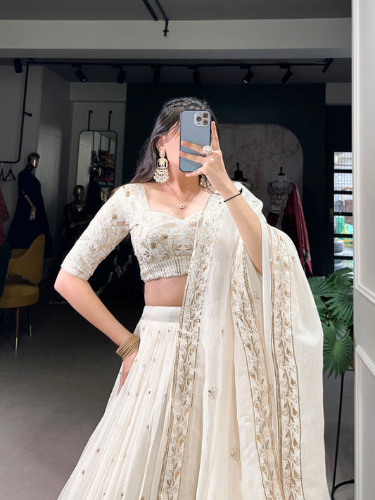 Off White Silver Glosy Sequins And Embroidery With Foil Work Lehenga Choli