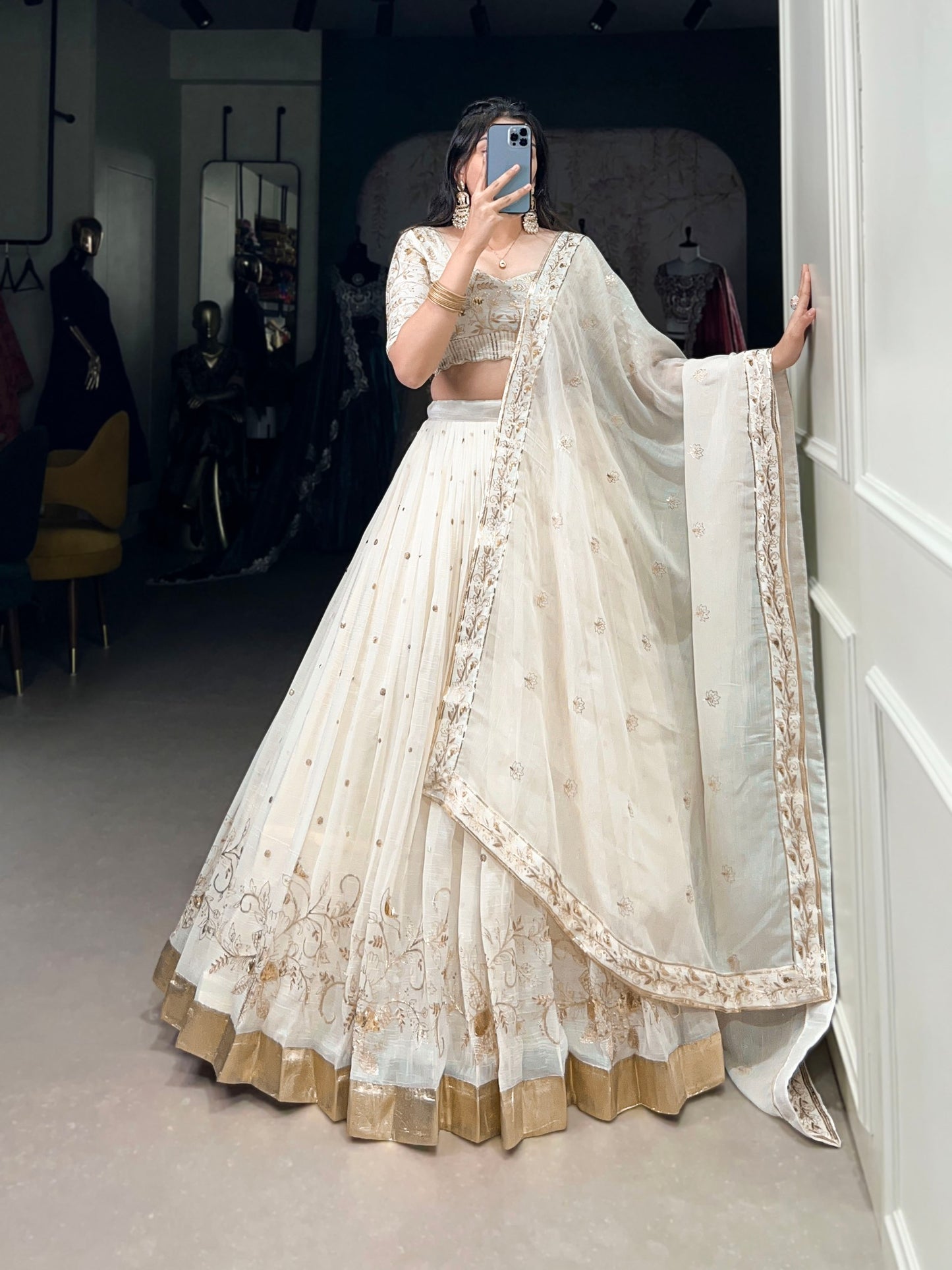 Off White Silver Glosy Sequins And Embroidery With Foil Work Lehenga Choli