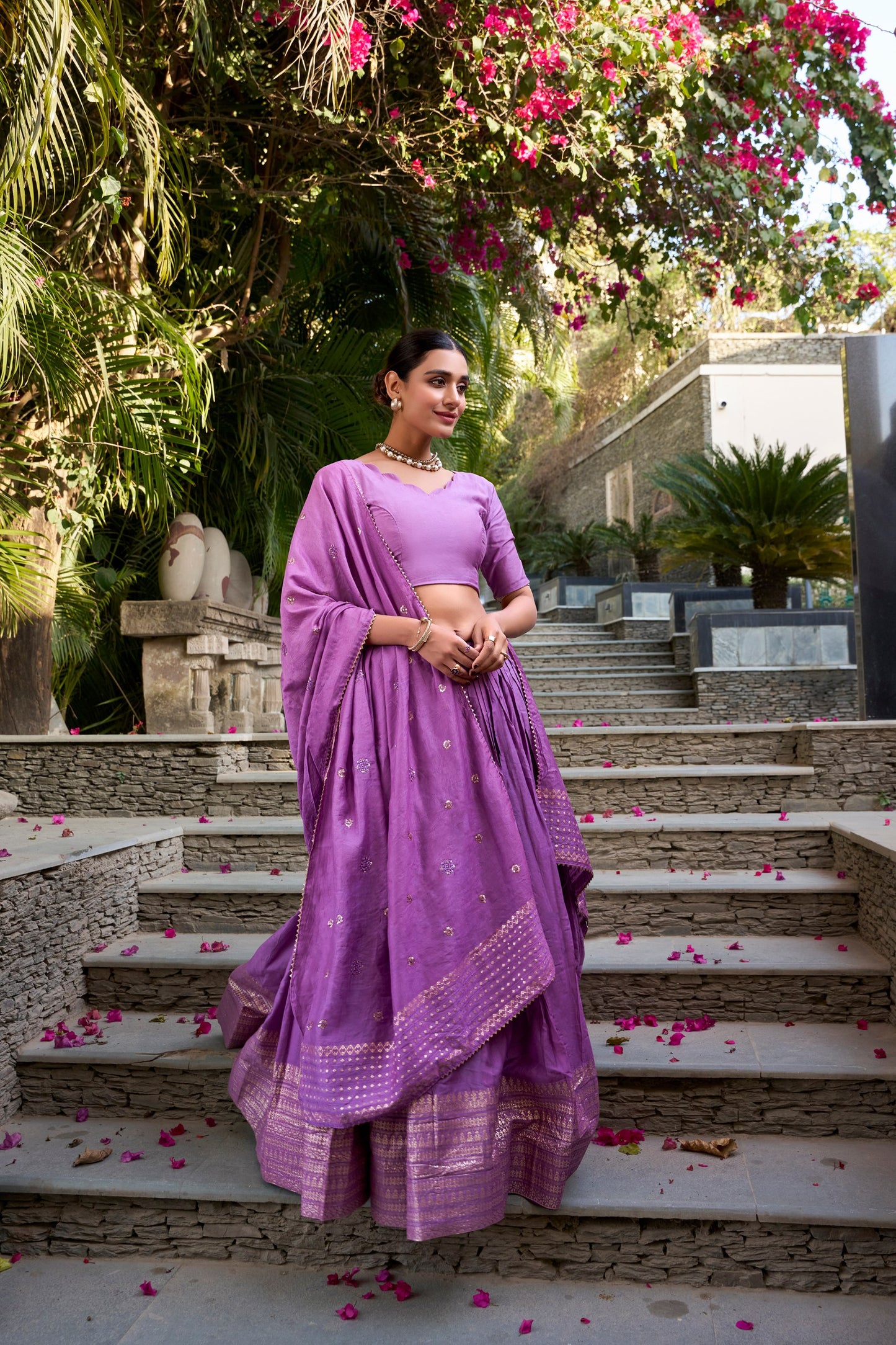 Purple Pure Chanderi Plain With Zari Weaving Work Border Lehenga Choli