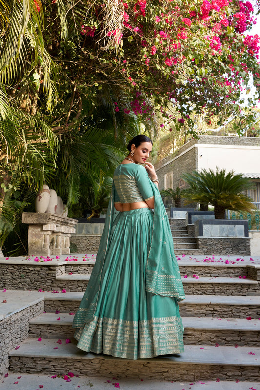 Sea Green Pure Chanderi Plain With Zari Weaving Work Border Lehenga Choli