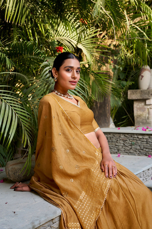 Musterd Pure Chanderi Plain With Zari Weaving Work Border Lehenga Choli