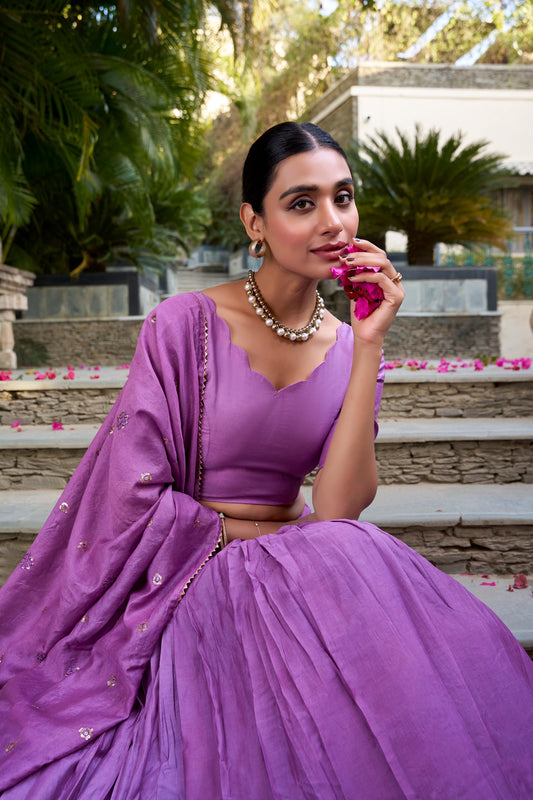 Purple Pure Chanderi Plain With Zari Weaving Work Border Lehenga Choli