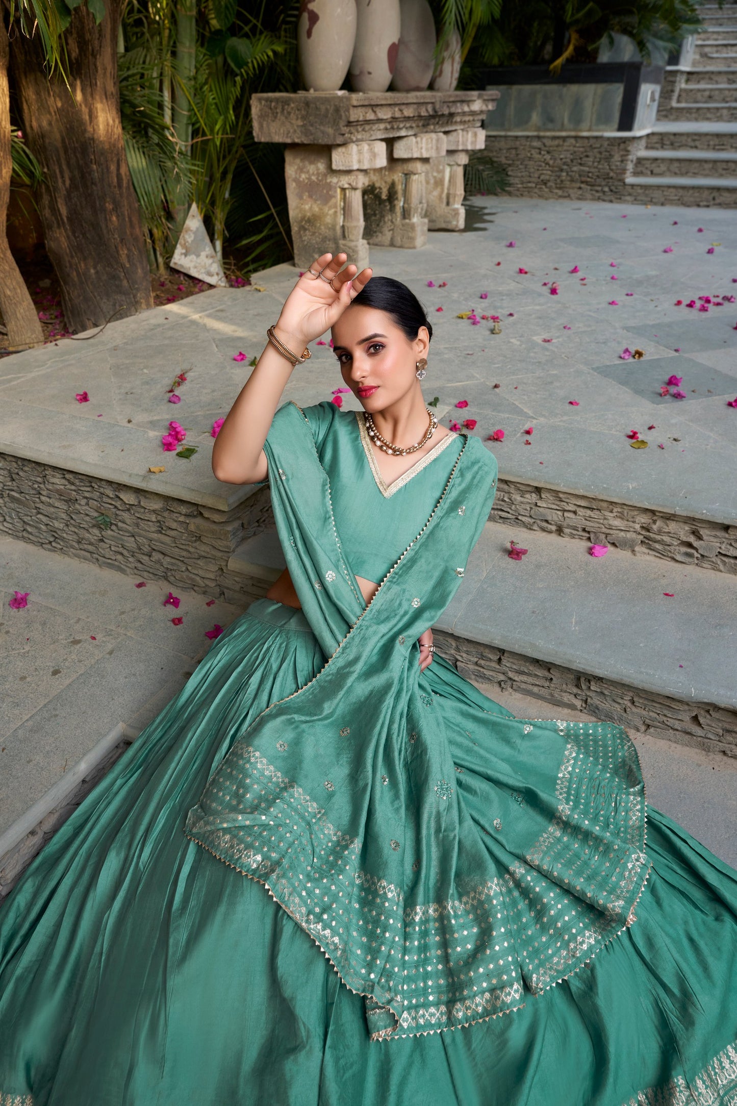 Sea Green Pure Chanderi Plain With Zari Weaving Work Border Lehenga Choli