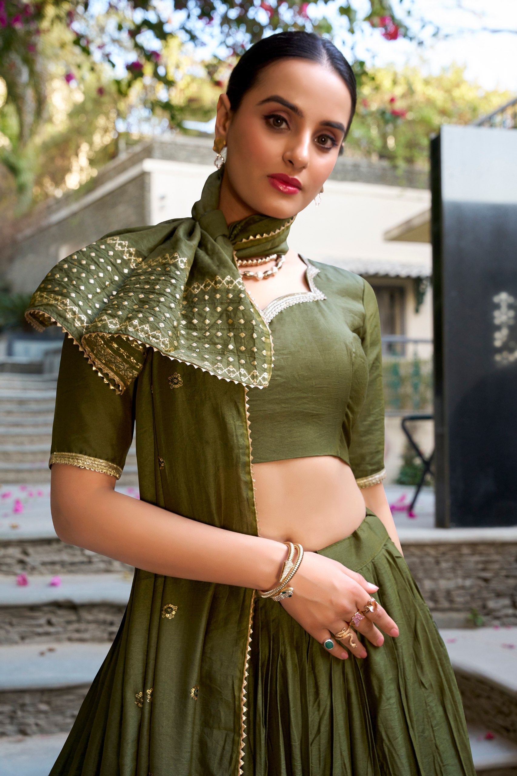 Mehandi Pure Chanderi Plain With Zari Weaving Work Border Lehenga Choli