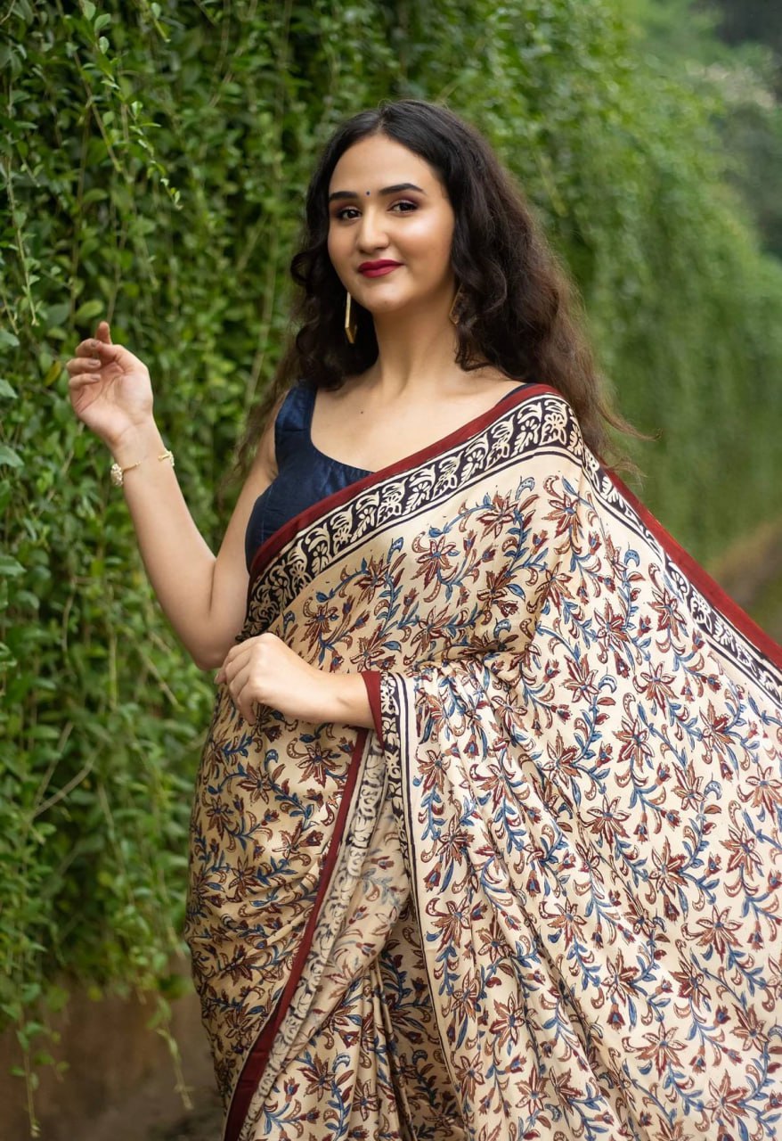 Off White Original Semi Gajji Silk Traditional Ajrak Design Saree
