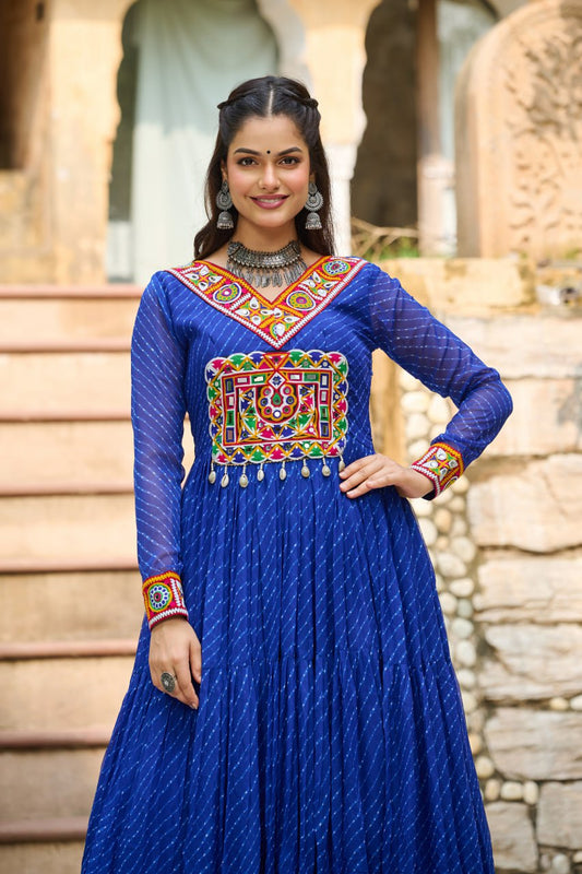 Blue Laheriya Print Work With Kutchi Patchework Navratri Gown