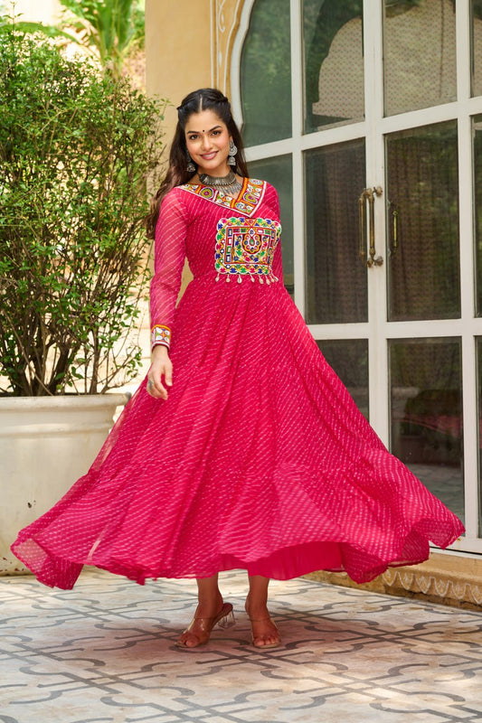 Pink Laheriya Print Work With Kutchi Patchework Navratri Gown