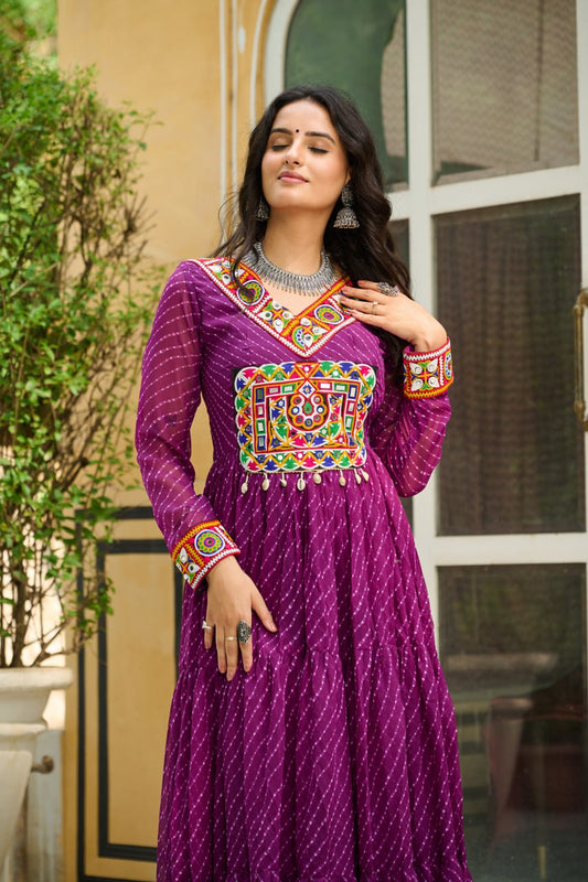 Wine Laheriya Print Work With Kutchi Patchework Navratri Gown