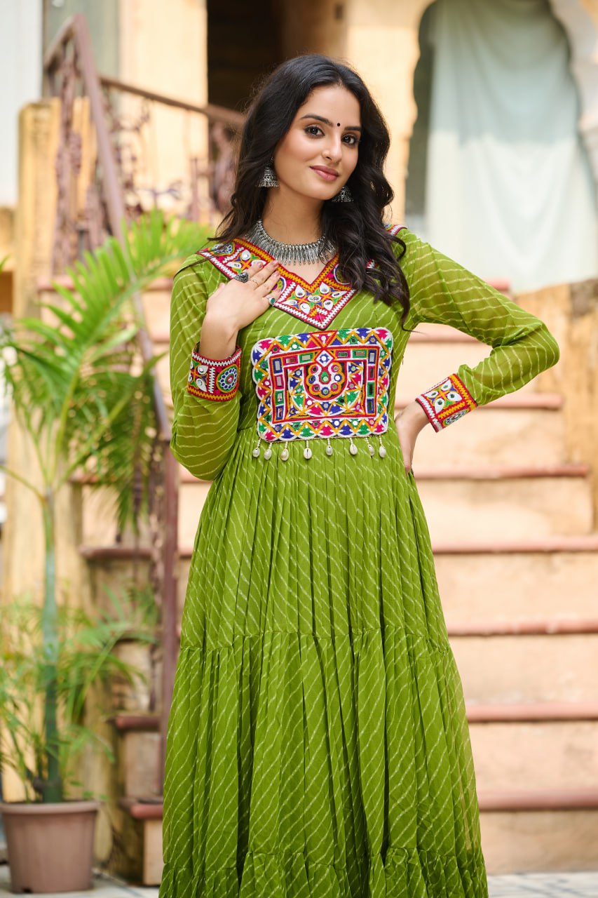 Parrot Laheriya Print Work With Kutchi Patchework Navratri Gown