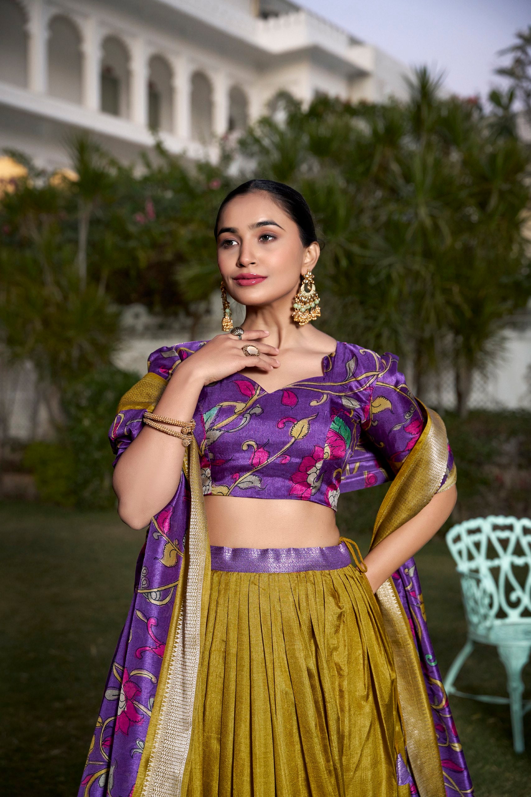 Mustard Dola Silk Printed Kalamkari With Zari Weaving Border Lehenga