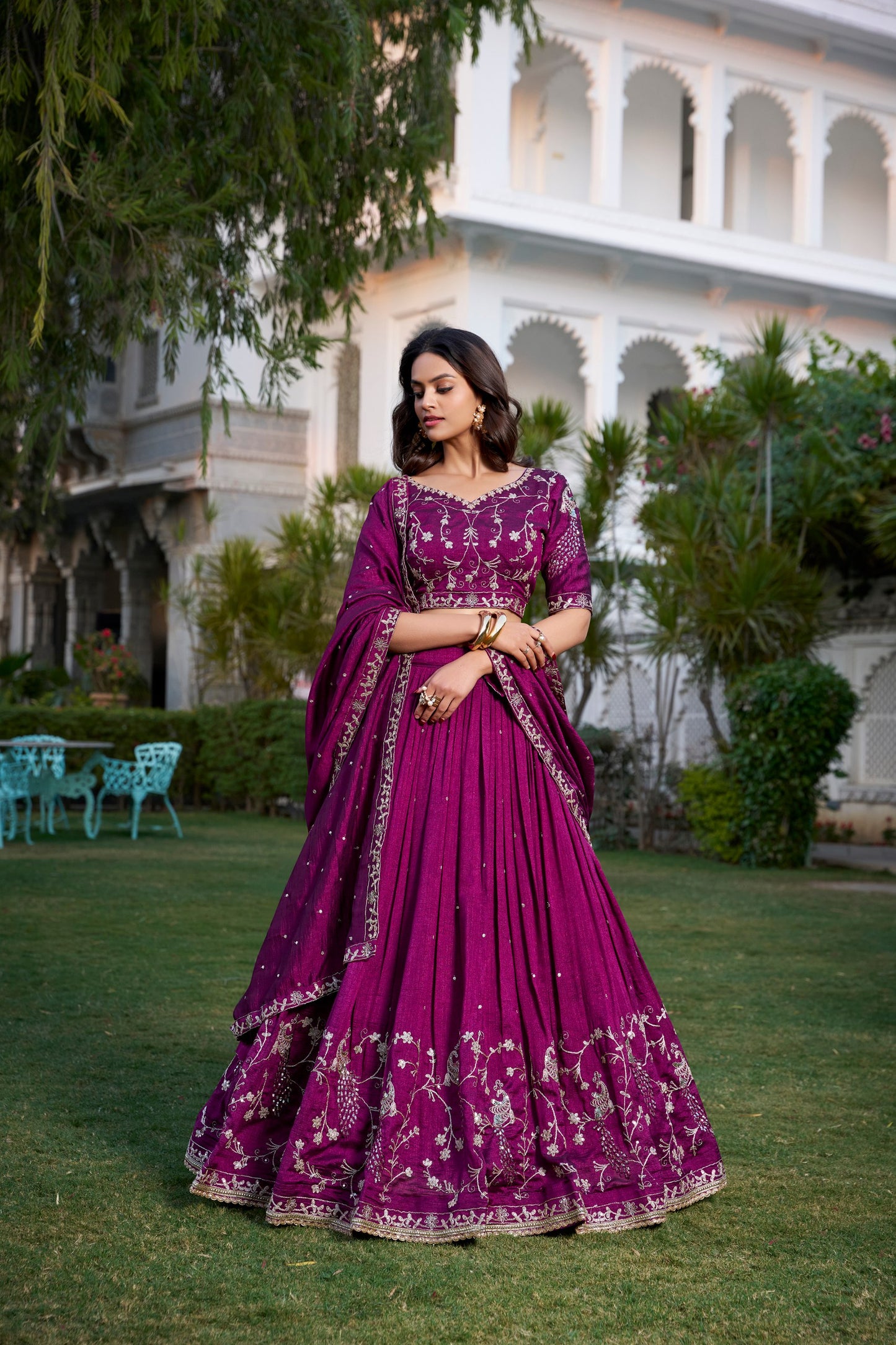 Wine Vichitra Silk Sequins And Thread Embroidery Work With Lace Border Lehenga