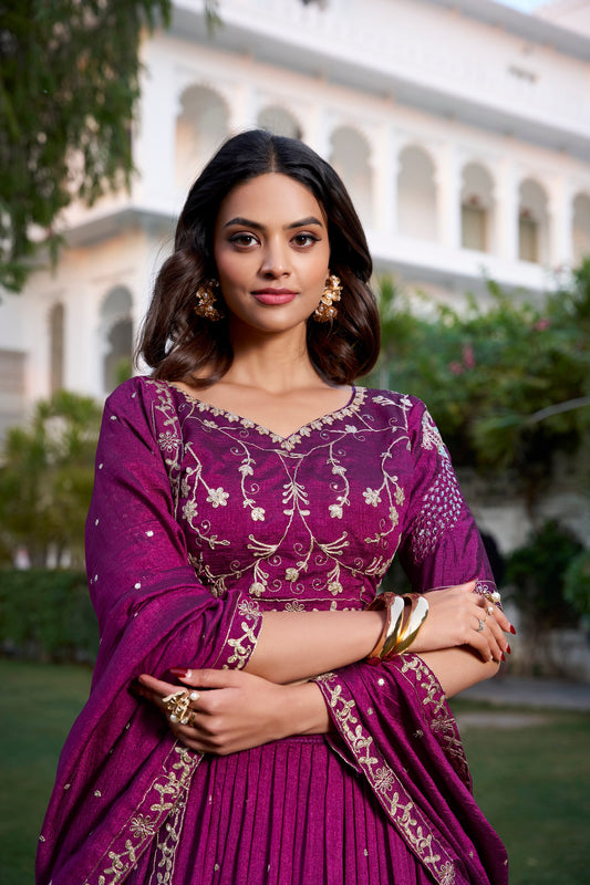 Wine Vichitra Silk Sequins And Thread Embroidery Work With Lace Border Lehenga