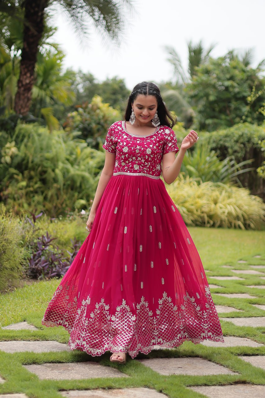 Pink Faux Blooming With Embroidery Zari Sequins Work Gown