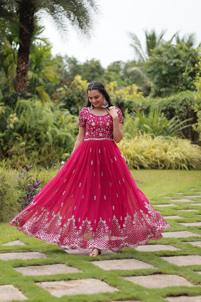 Pink Faux Blooming With Embroidery Zari Sequins Work Gown