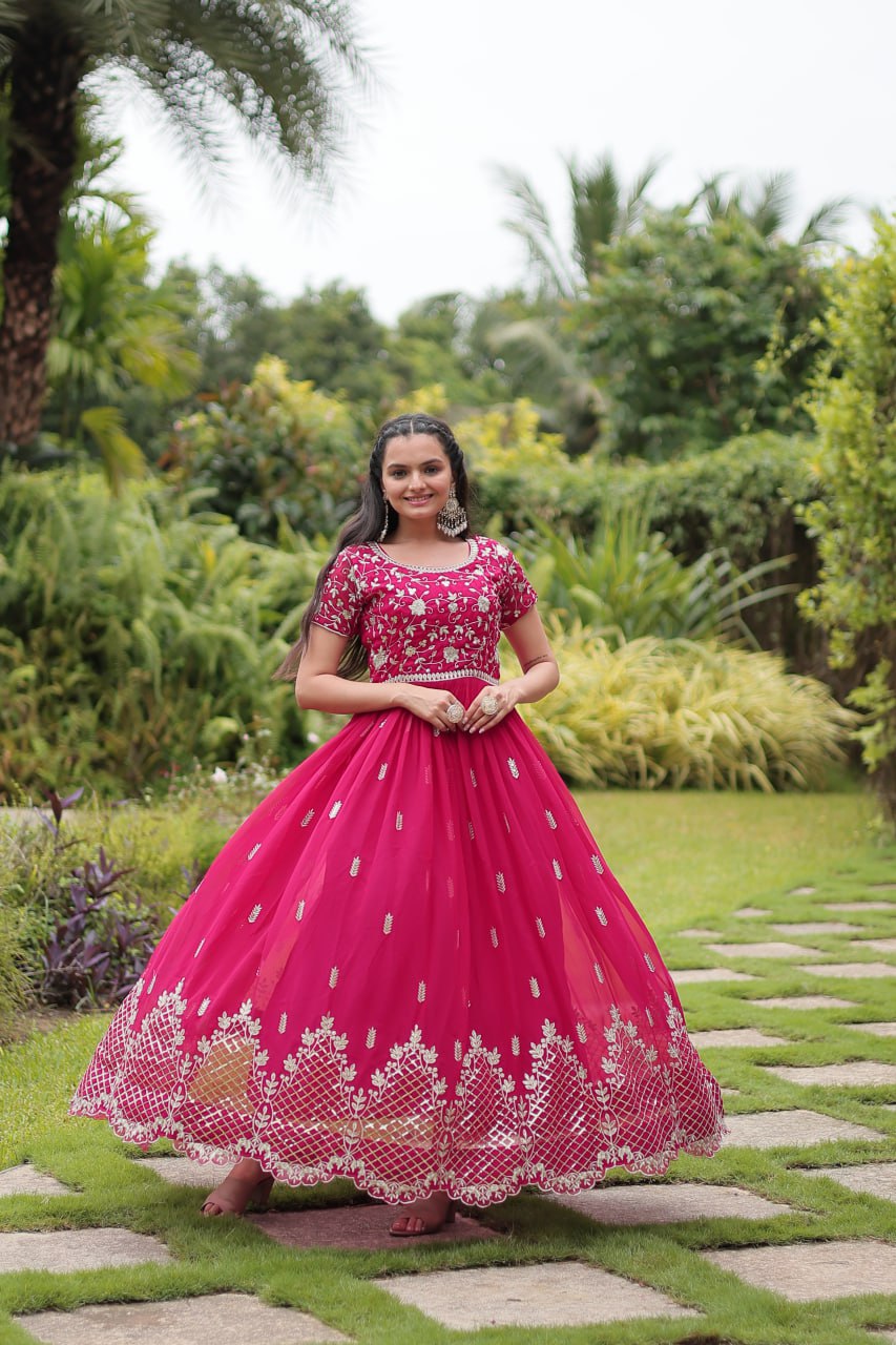 Pink Faux Blooming With Embroidery Zari Sequins Work Gown