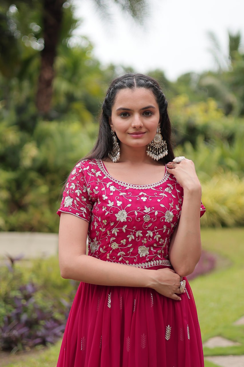 Pink Faux Blooming With Embroidery Zari Sequins Work Gown