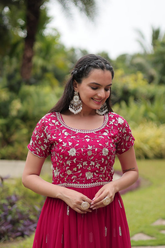 Pink Faux Blooming With Embroidery Zari Sequins Work Gown