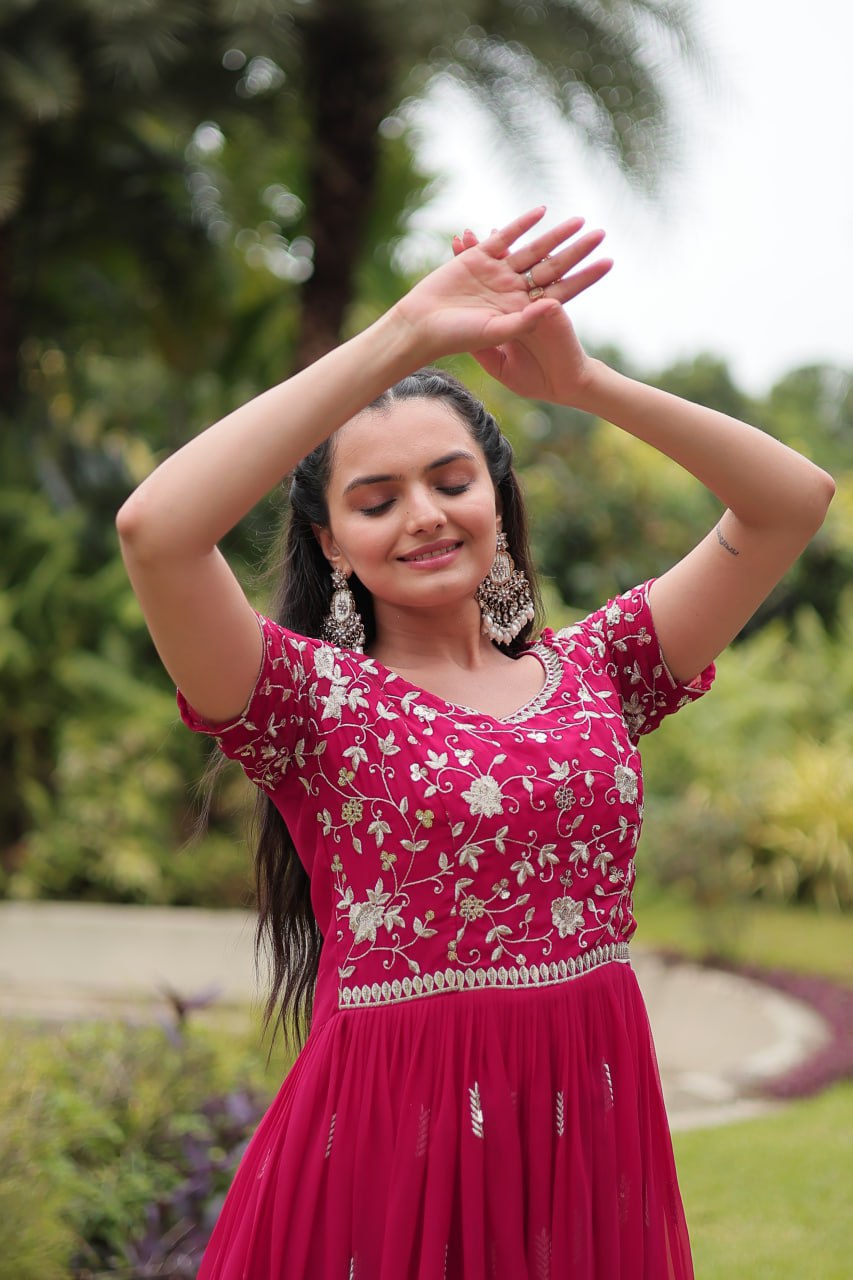 Pink Faux Blooming With Embroidery Zari Sequins Work Gown