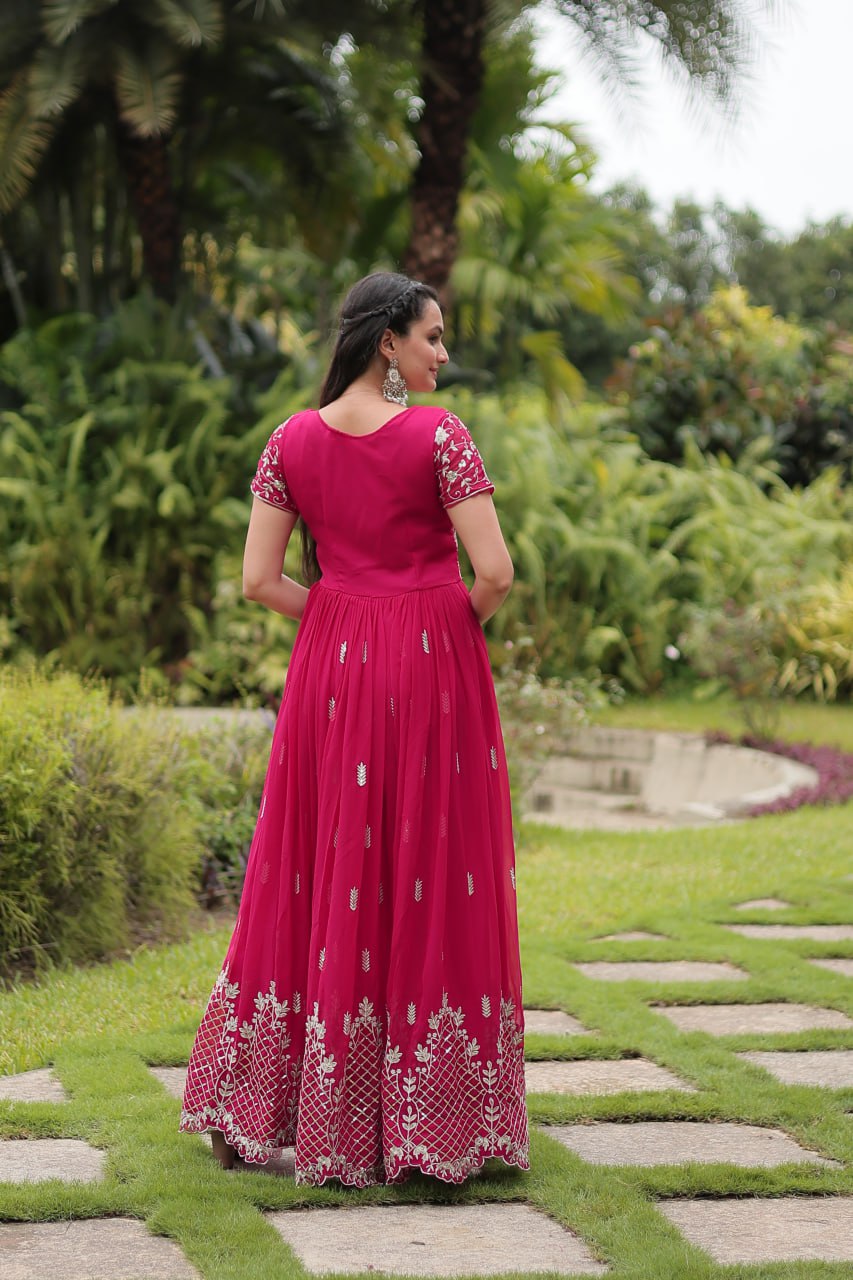 Pink Faux Blooming With Embroidery Zari Sequins Work Gown