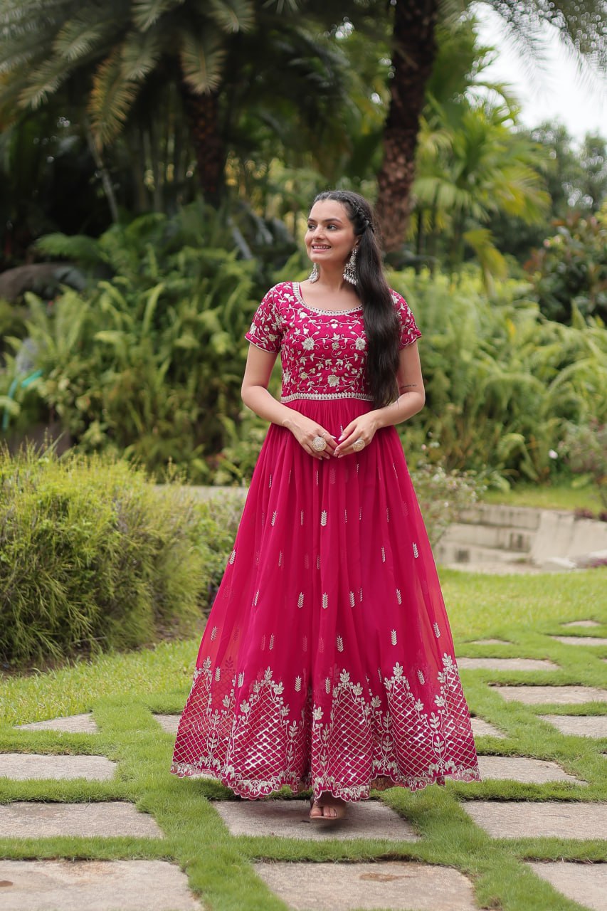 Pink Faux Blooming With Embroidery Zari Sequins Work Gown