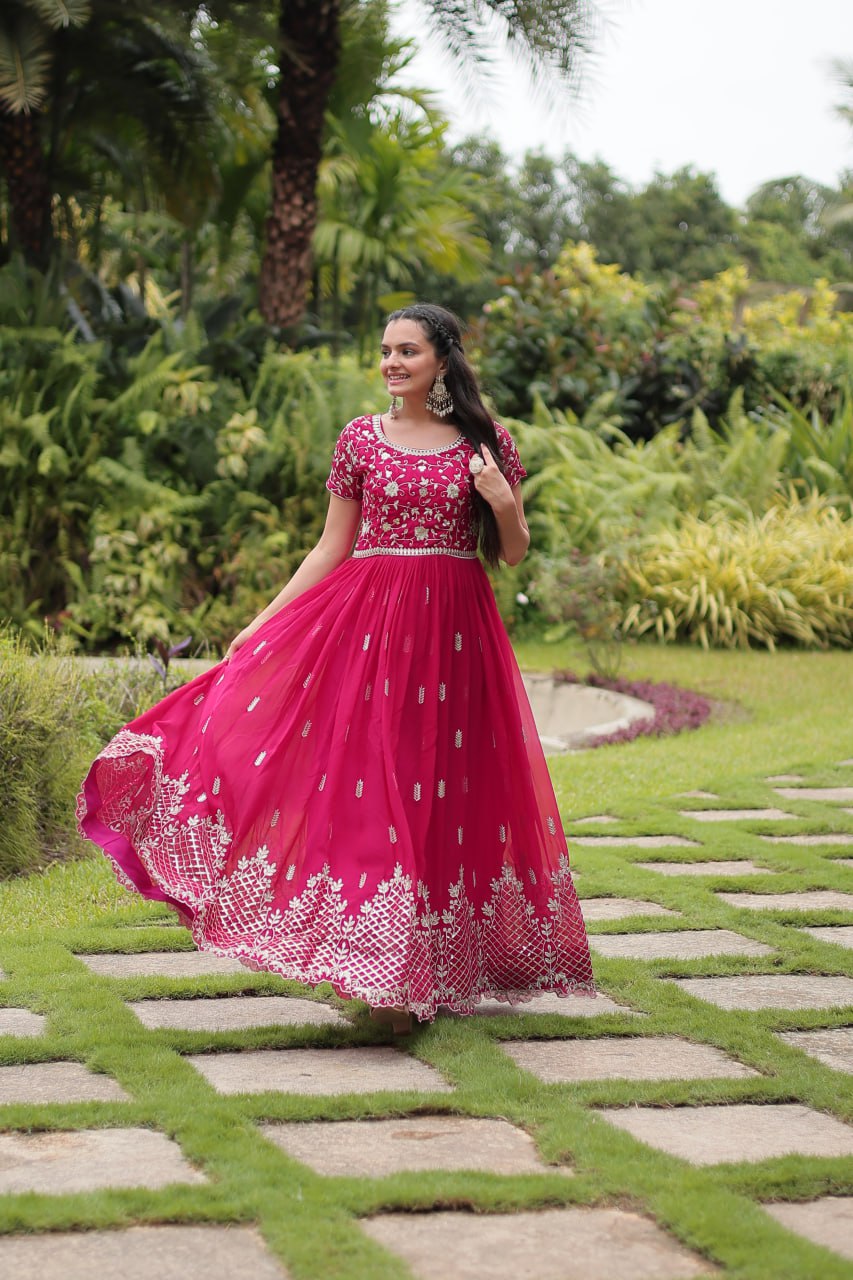 Pink Faux Blooming With Embroidery Zari Sequins Work Gown