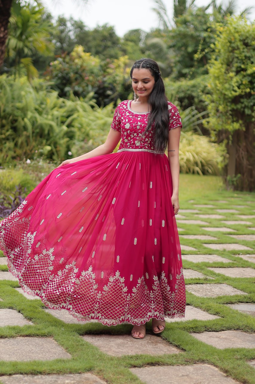 Pink Faux Blooming With Embroidery Zari Sequins Work Gown