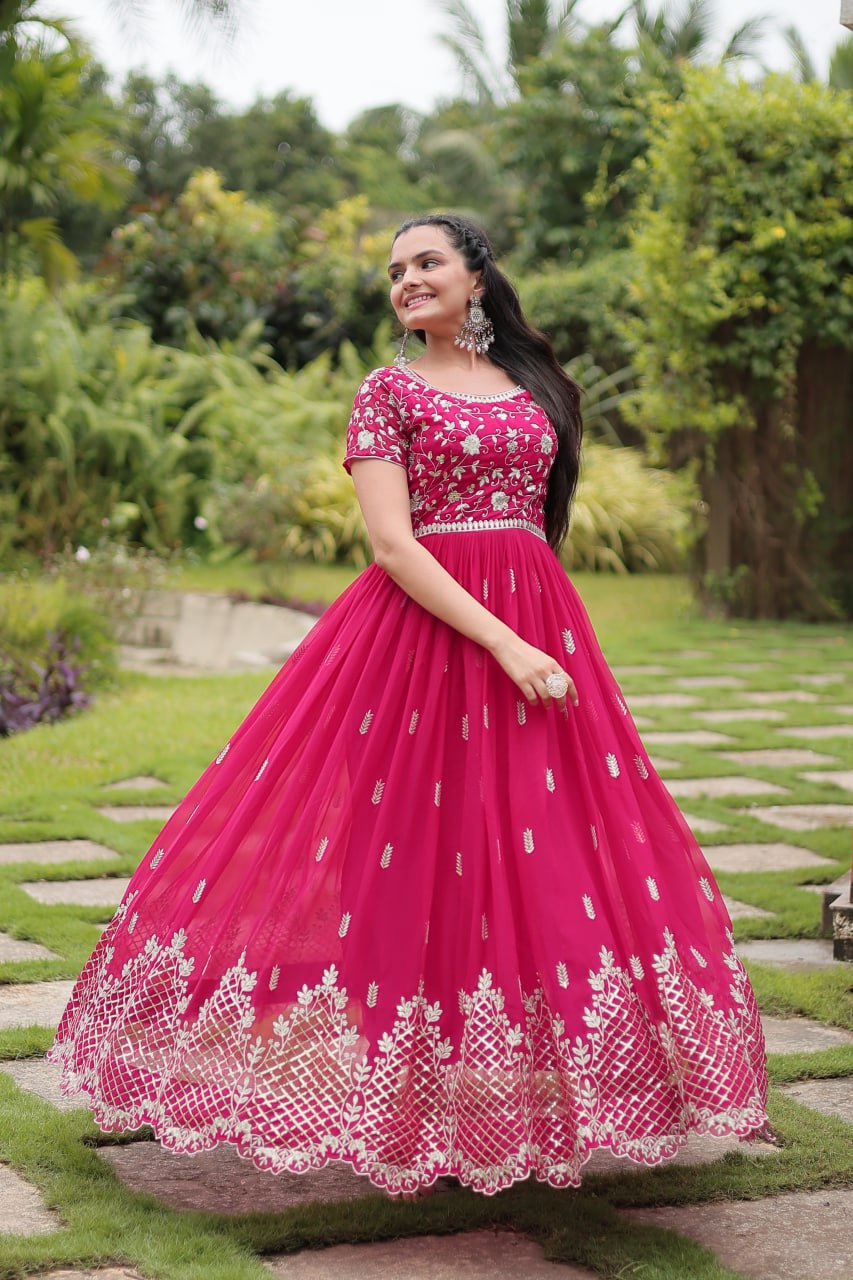 Pink Faux Blooming With Embroidery Zari Sequins Work Gown