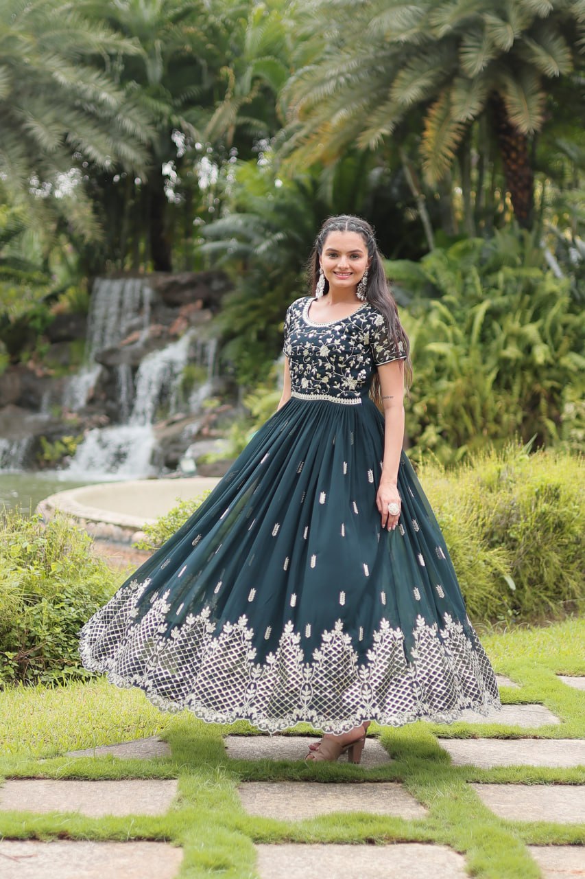 Dark Green Faux Blooming With Embroidery Zari Sequins Work Gown