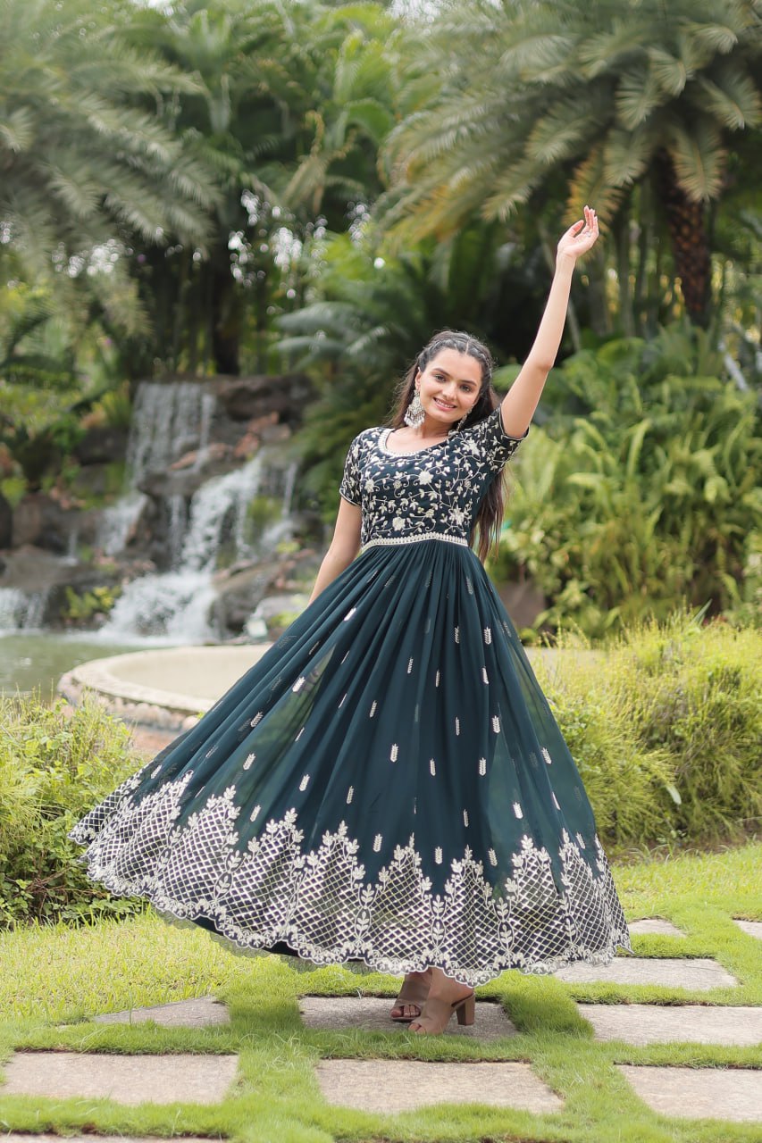 Dark Green Faux Blooming With Embroidery Zari Sequins Work Gown