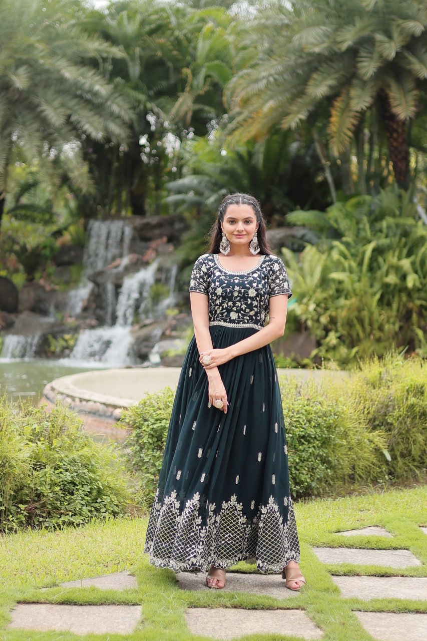 Dark Green Faux Blooming With Embroidery Zari Sequins Work Gown