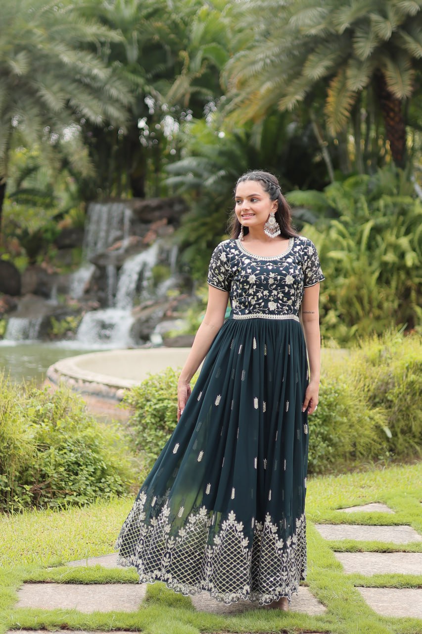 Dark Green Faux Blooming With Embroidery Zari Sequins Work Gown