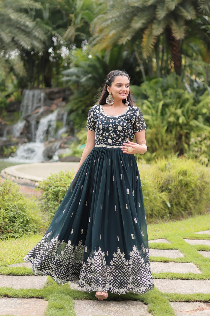 Dark Green Faux Blooming With Embroidery Zari Sequins Work Gown
