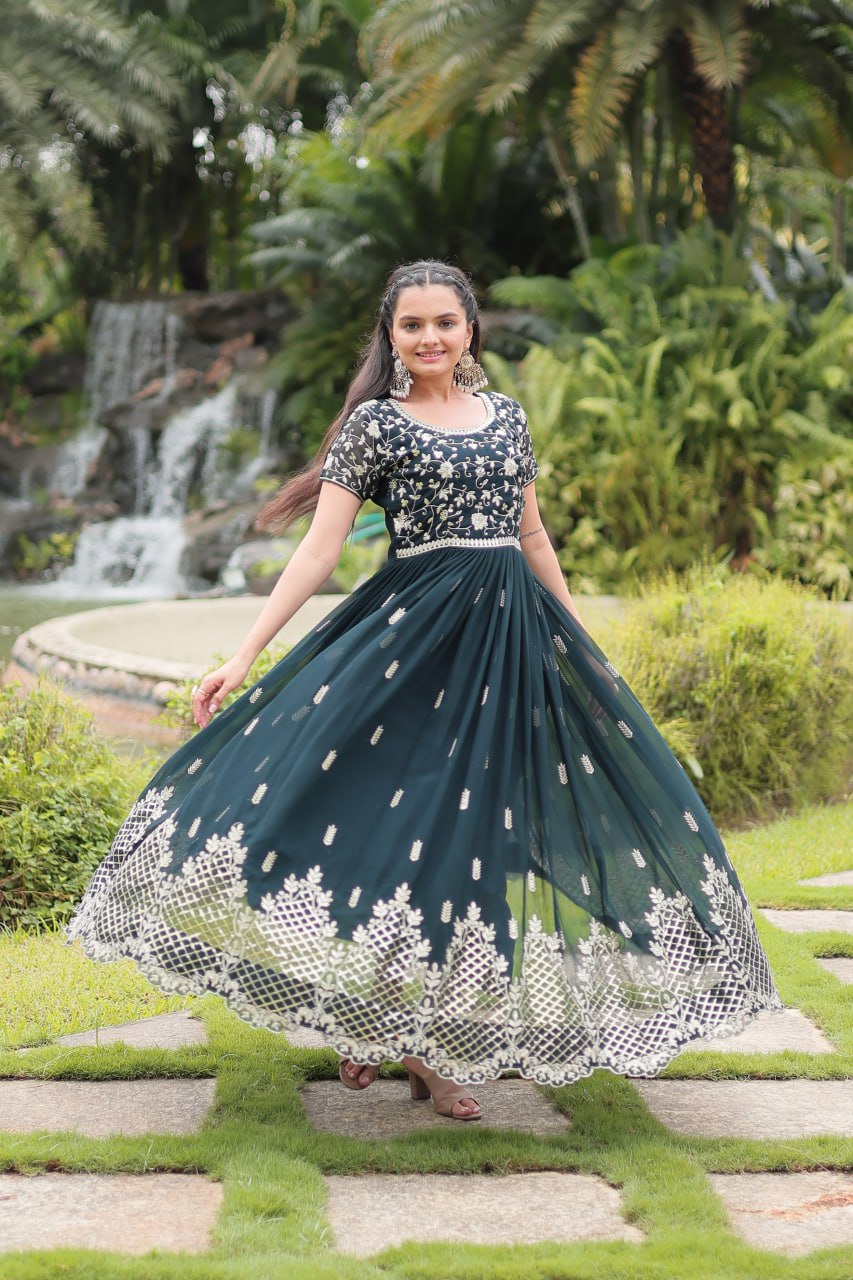 Dark Green Faux Blooming With Embroidery Zari Sequins Work Gown