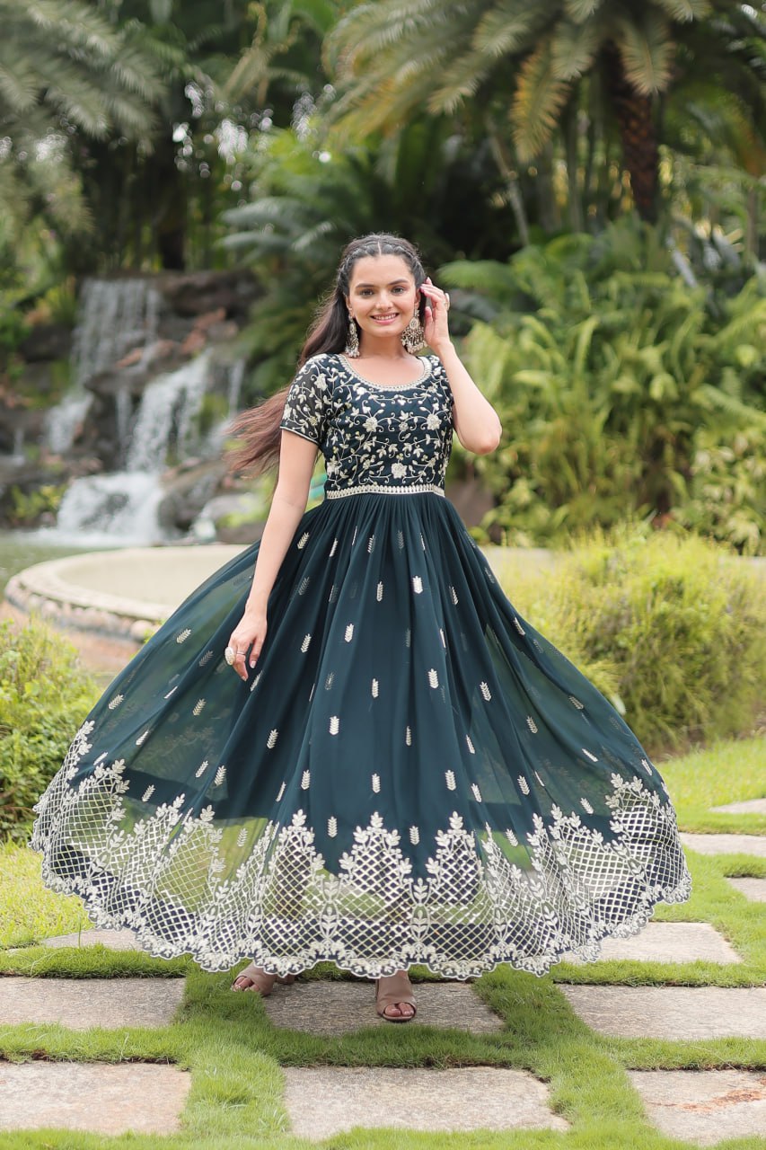 Dark Green Faux Blooming With Embroidery Zari Sequins Work Gown