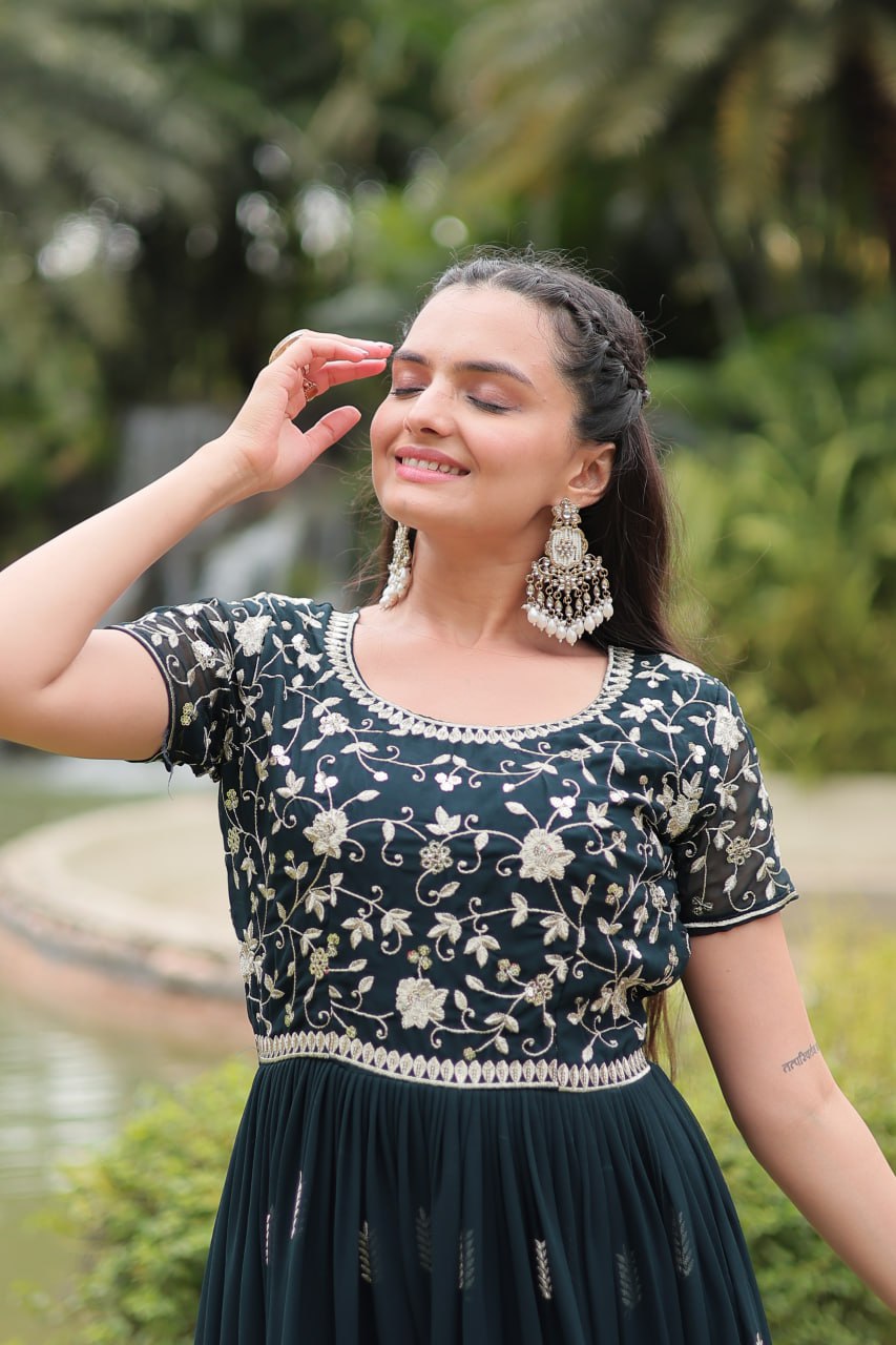 Dark Green Faux Blooming With Embroidery Zari Sequins Work Gown