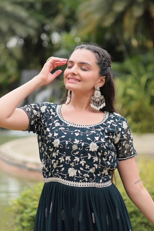 Dark Green Faux Blooming With Embroidery Zari Sequins Work Gown