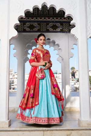 Sea Blue Paithani Silk Lehenga with Zari Weaving by The Beauty Queen
