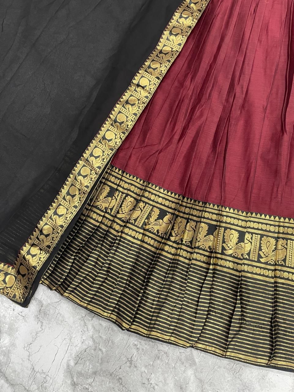 Maroon & Jet Black Kanci Cotton Silk Zari Weaving Work South Indian Half Saree Lehenga Choli Set