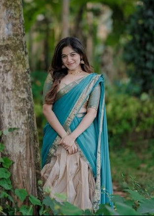 Beige Gold & Sky Blue Kanci Cotton Silk Zari Weaving Work South Indian Half Saree Lehenga Choli Set