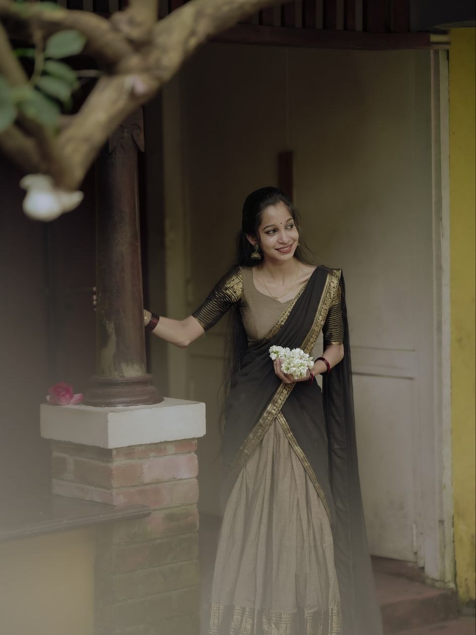 Beige Gold & Jet Black Kanci Cotton Silk Zari Weaving Work South Indian Half Saree Lehenga Choli Set