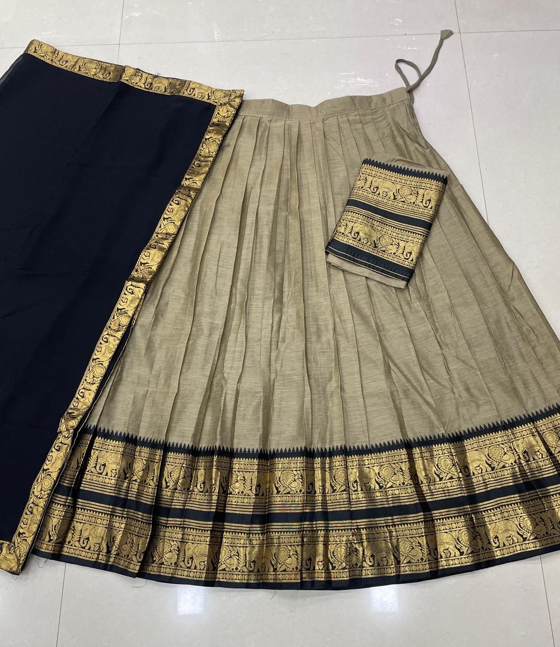 Beige Gold & Jet Black Kanci Cotton Silk Zari Weaving Work South Indian Half Saree Langa Voni Set