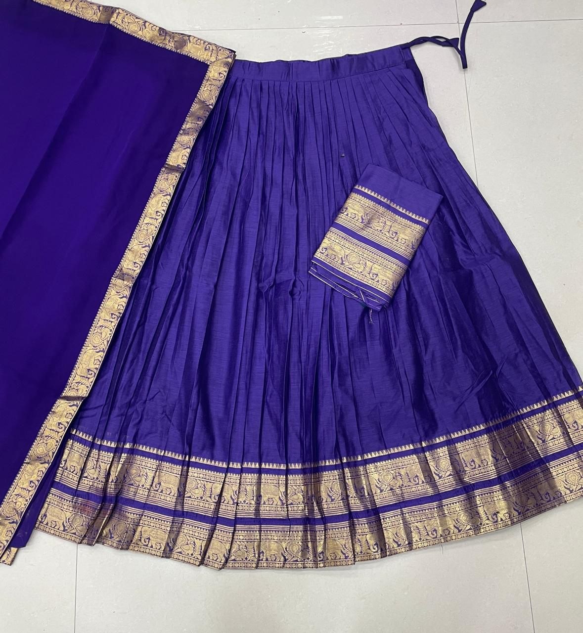 Royal Purple Monochrome Kanci Cotton Silk Zari Weaving Work South Indian Half Saree Langa Voni Set