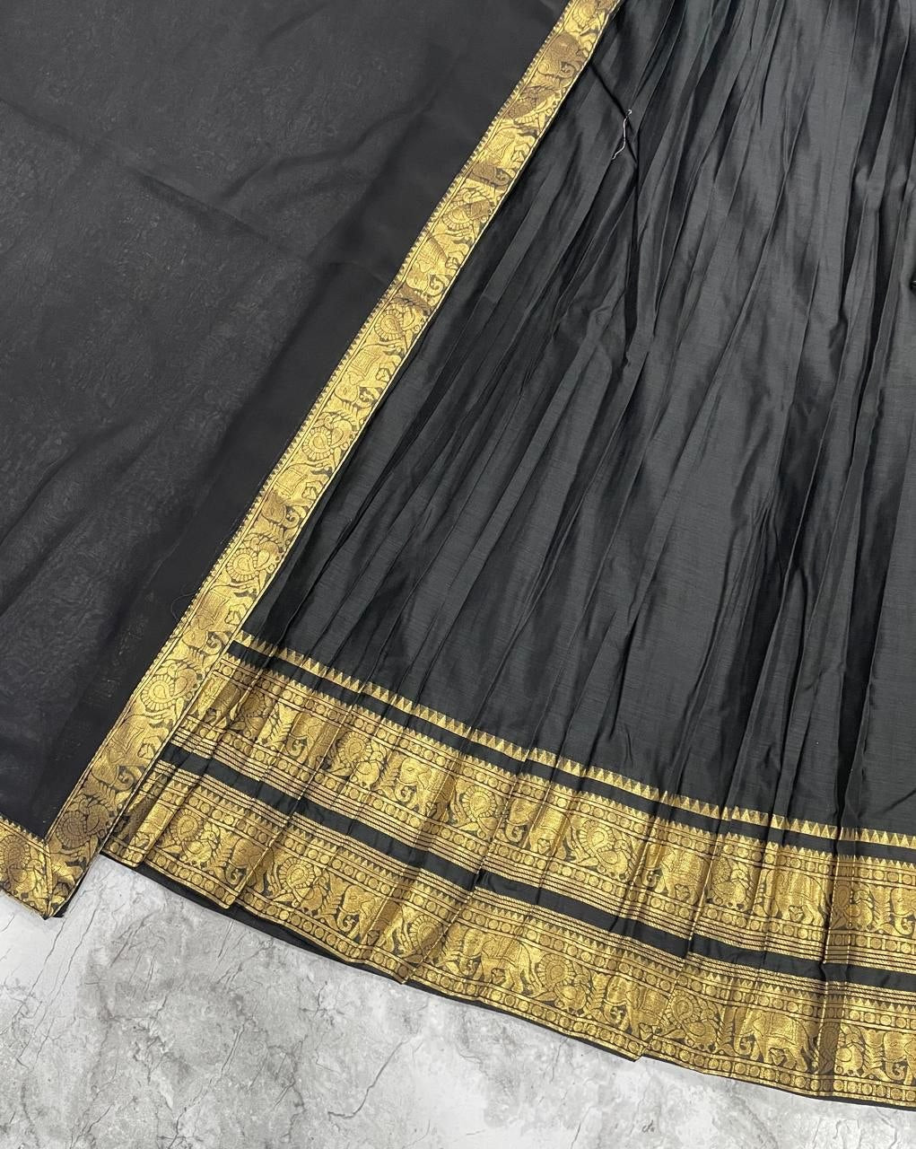 Jet Black Monochrome Kanci Cotton Silk Zari Weaving Work South Indian Half Saree Langa Voni Set
