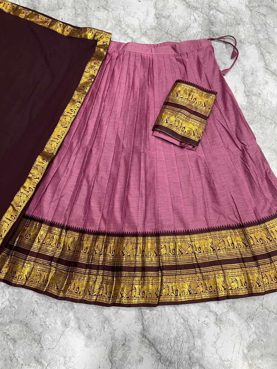 Dusty Pink & Dark Wine Kanci Cotton Silk Zari Weaving Work South Indian Half Saree Langa Voni Set