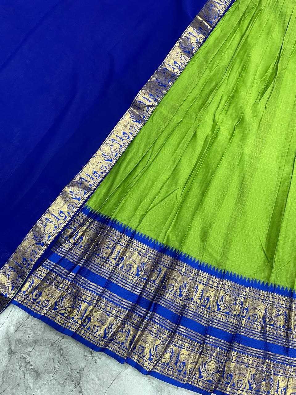 Parrot Green & Royal Blue Kanci Cotton Silk Zari Weaving Work South Indian Half Saree Langa Voni Set